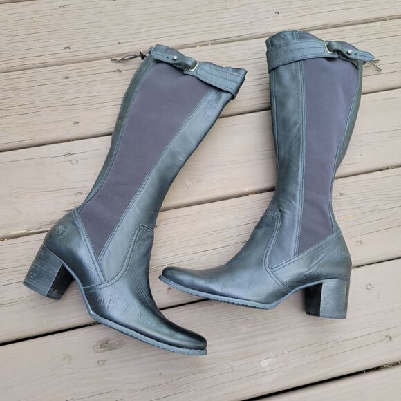 Timberland Black Leather Neoprene Knee High Equestrian Riding Style Tall Boots 8 - Picture 2 of 8